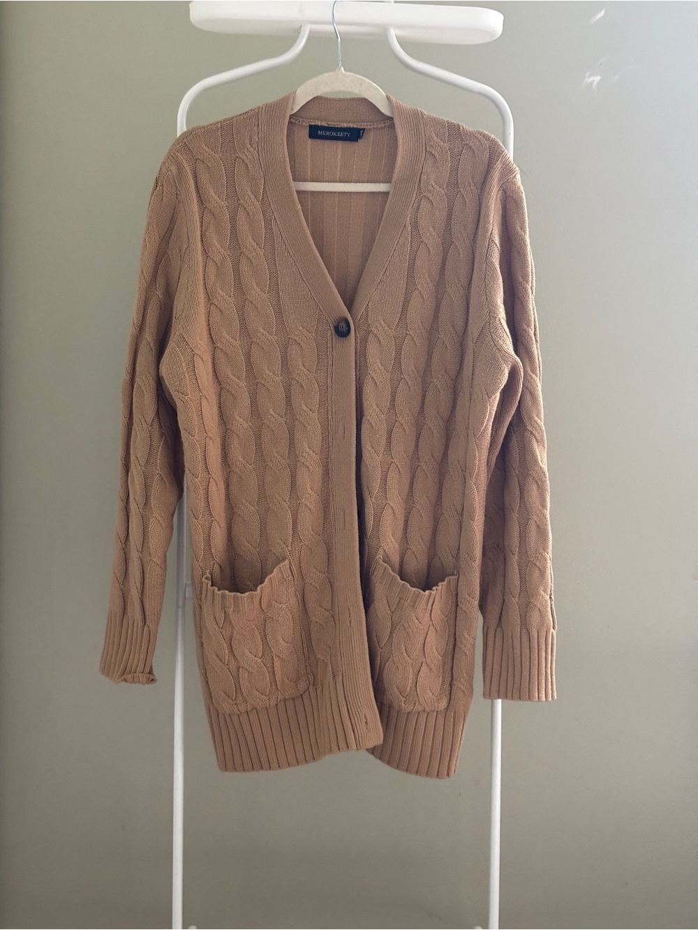 Amazon Women's Camel Cable Knit V-Neck Cardigan